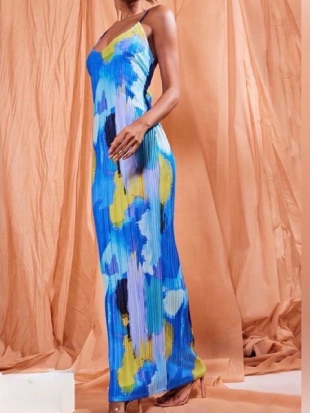 PrettyLittleThing Blue Multi Pleated Maxi Slip Dress